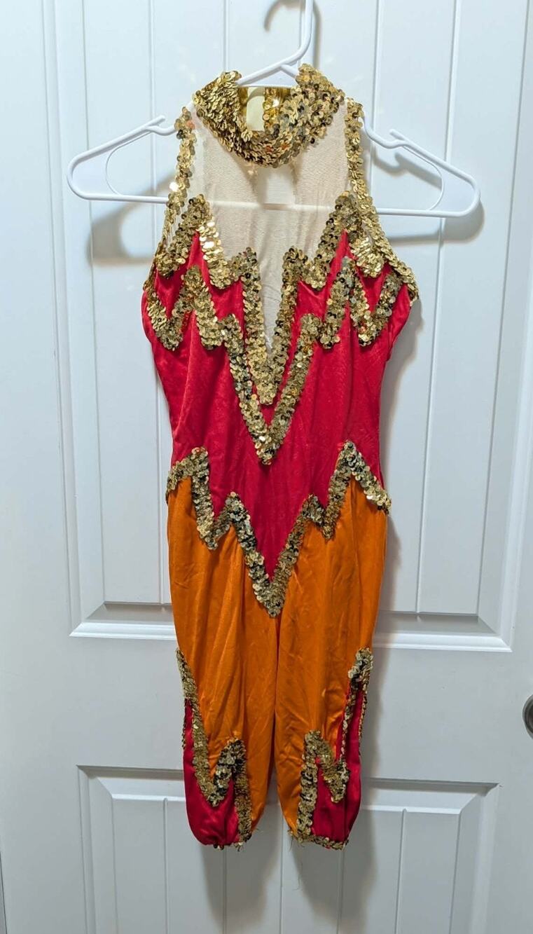 Art Stone Dance Costume Unitard Gold Sequin Red Orange Adult S-AD Lace